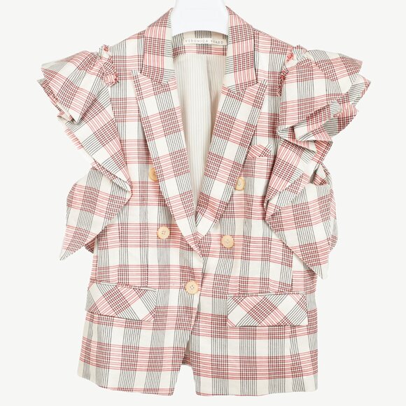 Veronica Beard Rosa Red & White Plaid Ruffle-Sleeve Vest - Picture 2 of 11